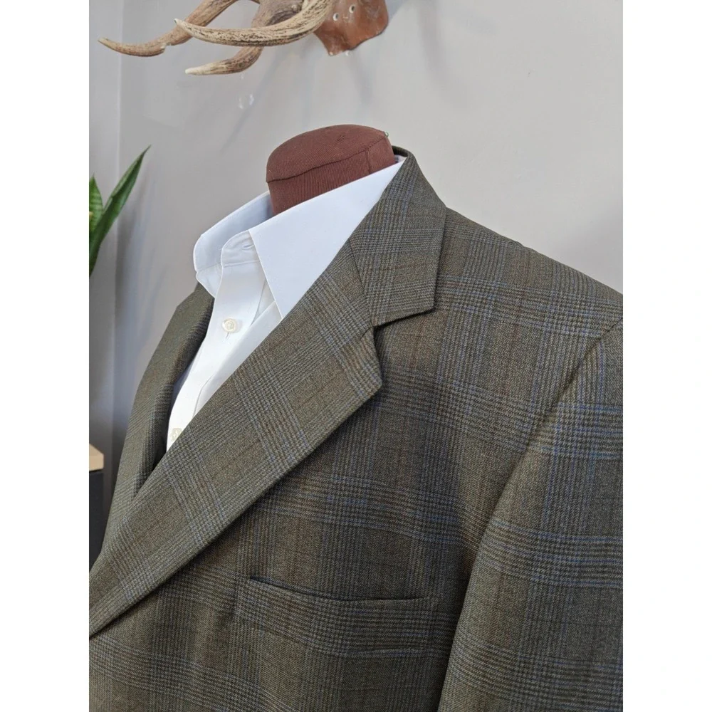 Baskin Mens Wool Sports Coat 46R Olive Glen Plaid USA Vintage 2 Button Blazer
